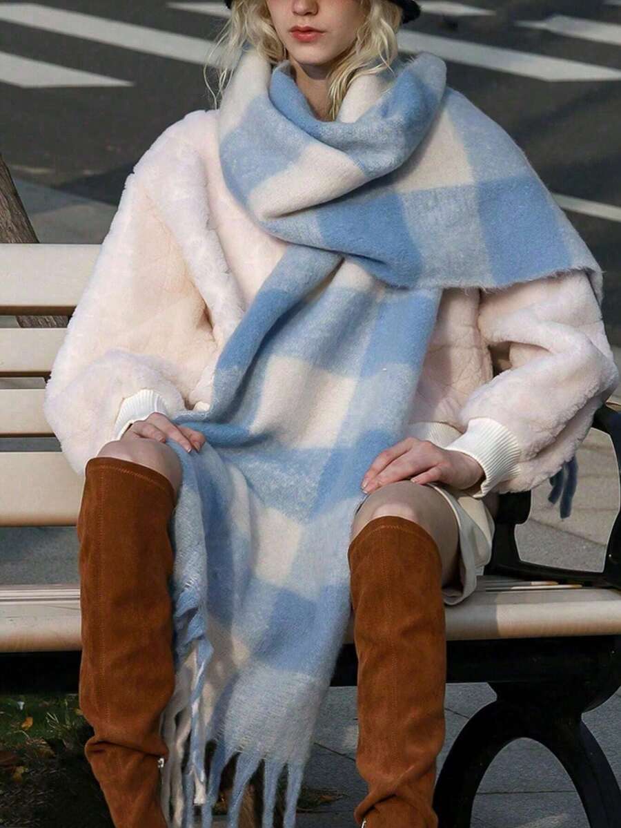 1pc Women's Light-Colored Plaid Cashmere Scarf, Blue & White Checkered Fuzzy Tassel Scarf Shawl, Suitable For Keeping Warm And Decoration, Can Be Given As Christmas Gift - Blue and White - View 1