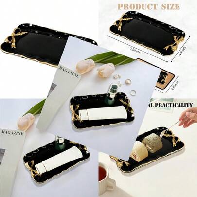 New Vintage Decorative Tray Jewelry Tray Towel Tray Storage Tray Rings Necklace Bracelets Earrings Trays Cosmetics Jewelry Organizer Retro Design Bow Decor Resin Plate Coquette Room Decor Black
