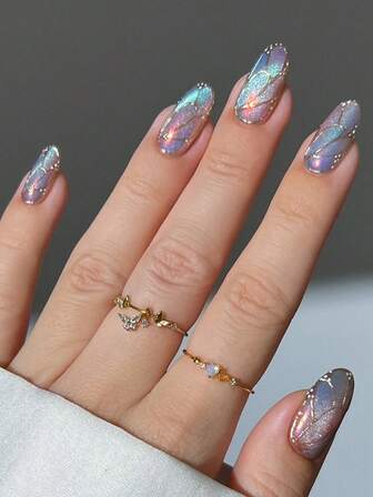 24片Y2K风格美甲，中号杏仁形猫眼按压式美甲，华丽多彩法式亮面全覆盖假指甲，优雅蝴蝶造型，适合女性和女孩 - 包含指甲锉和果冻胶