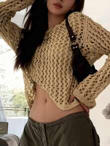 Women Loose Hollow-Out Lace Casual Beach Cover Up - Khaki - View 6