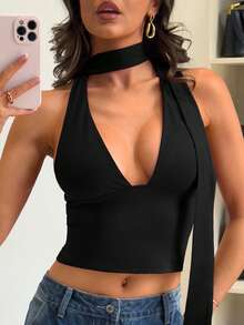 Camiseta de tirantes con cuello de pico profundo, tipo halter y espalda descubierta, estilo Y2K de Primavera/Verano - Negro - Ver 4