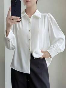 QIANZHIDU 白色纯色女式衬衫，长袖上衣，办公制服，工作服，简约穿搭，早午餐装，音乐节穿搭，商务会议，婚礼，秋季，返校季，优雅，极简，西式，外套，教师装，商务休闲，女式衬衫，职业装，优雅女式衬衫，春季穿搭，派对衬衫，休闲女式衬衫，女式衬衫 - 白色 - 查看 5