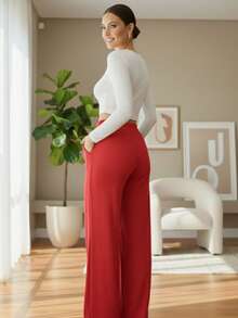 Duna Casual Wide-Leg Pants With Adjustable Back Waistband, Zipper And Button Detail, Functional Pockets, And Belt Loops. - 紅色 - 查看 3