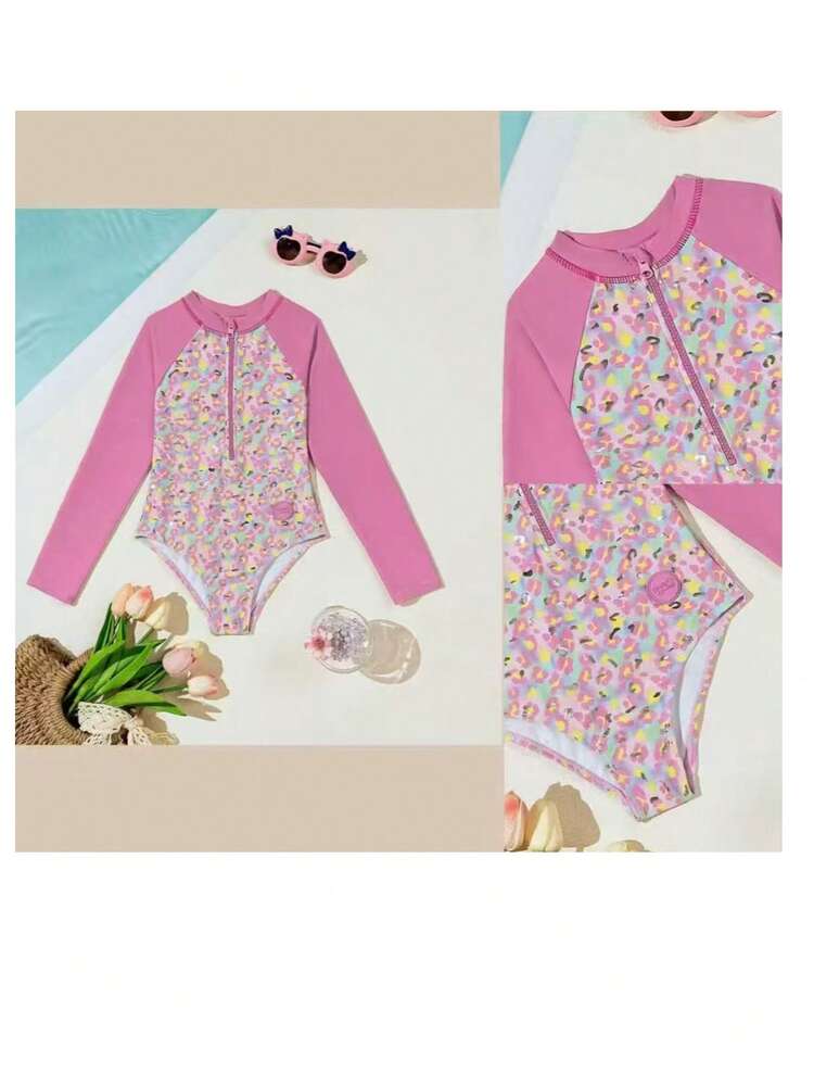 One-Piece Swimsuit With Raglan Sleeves, UV50+ Sun Protection, And Print For Pre-Teen Girls. - Pink - View 4