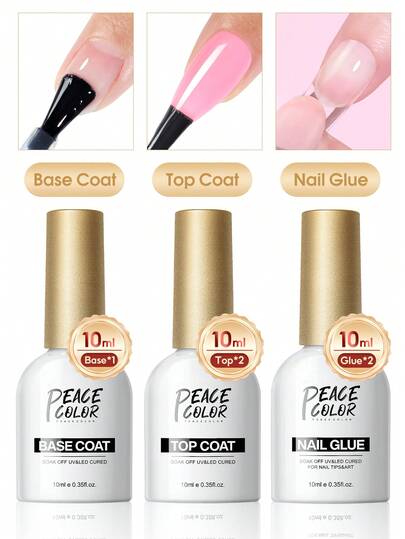 peacecolor 2/3 piezas Juego de esmalte de uñas de gel con base y top coat de 10ML, botella de vidrio sin necesidad de limpiar, base coat y top coat brillante de larga duración, esmalte de gel de remojo perfecto para manicura, regalo ideal para mujeres