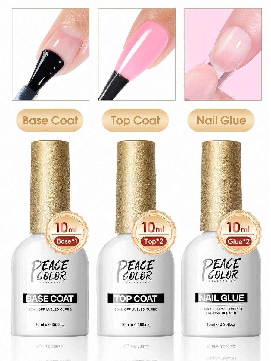 peacecolor 2/3PCS 10ML Gel Top And Base Coat With Nail Glue Set, No-Wipe Base Coat And Glossy Top Coat, Long Lasting Nail Supplies For Women Home Nail Art Salon Christmas Gifts - 彩色 - 查看 1