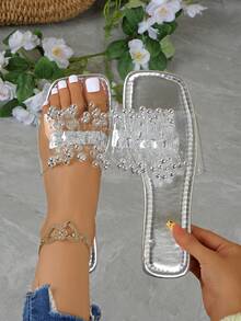 Women's Shimmering Sequin Embellished Flat Slippers, Lightweight Casual Summer Beach Sandals