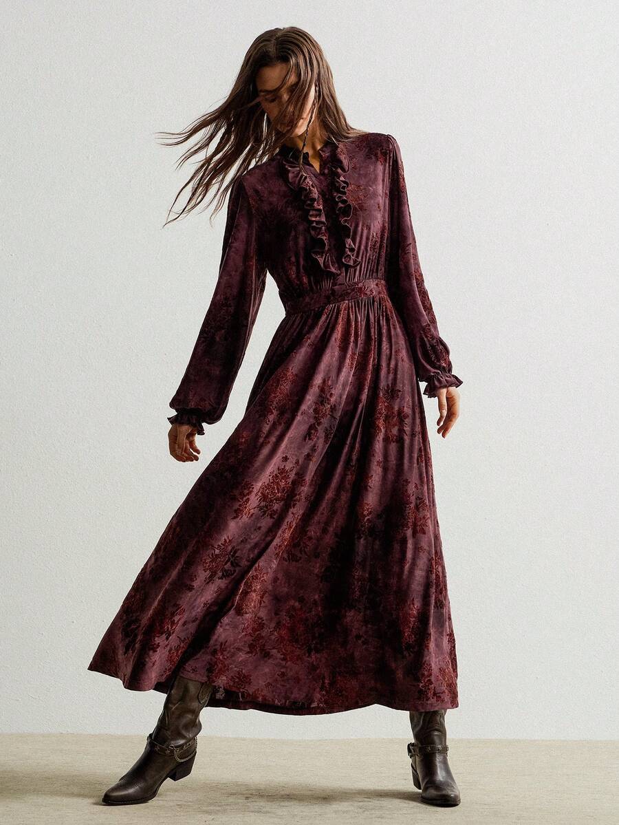 Rusttydustty فستان نسائي أنيق بطبعة زهرية ريترو ذو ياقة عالية وأكمام طويلة، بطبعة مخملية باللون البرغندي، مناسب للموسم الانتقالي بين الخريف والشتاء