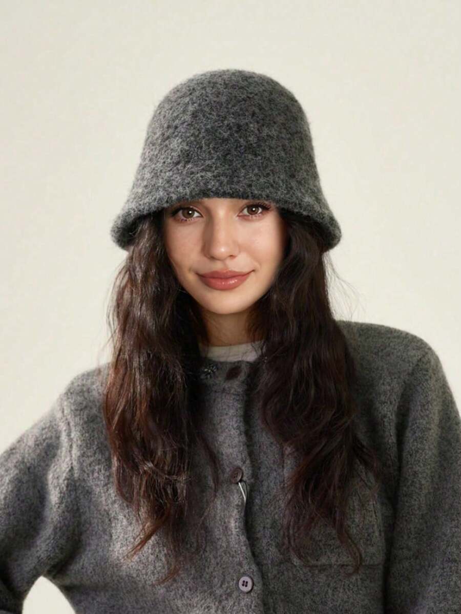 1pc Women's Autumn/Winter Warm Wool Fisherman Bucket Hat, Knitted, Stylish, Suitable For Coat Matching