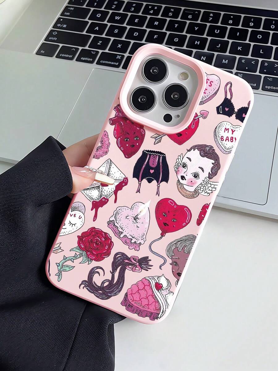 1件装时尚独特天使肖像插画美学设计浅粉色流苏边手机壳，兼容 16/16Pro/16Plus/15/15ProMax/15Pro/11/12/13/14ProMax/11Pro/11ProMax/12Pro/12ProMax/13Pro/13ProMax/14Pro/14ProMax，软壳，高端创意 - 彩色 - 查看 1