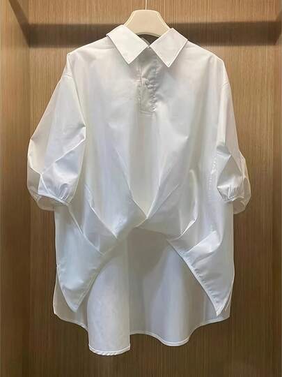 Áo sơ mi polyester thường ngày tay ngắn màu trơn không đối xứng thời trang dành cho nữ, mùa hè