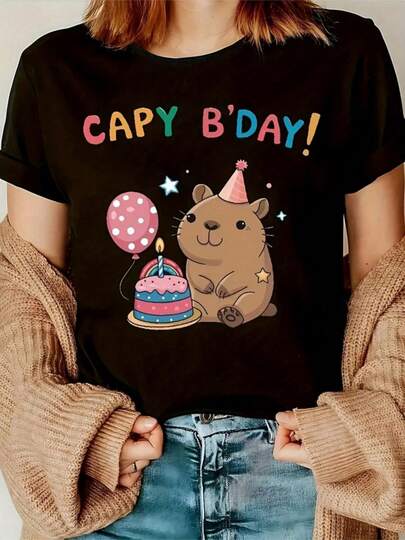 Camiseta de Manga Corta para Mujer con Cuello Redondo y Silueta A-Line H-Line - Blusa Casual de Elasticidad Media para Primavera, Verano y Otoño, Ropa Casual Lavable a Máquina para Fiestas, Top con Letras (Sin Relleno) - En Stock