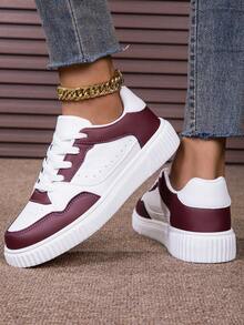 女士户外透气网眼低帮厚底系带滑板鞋，校园风格休闲时尚运动鞋，适合日常穿着