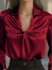 1 chiếc áo sơ mi nữ dài tay màu trơn thanh lịch bằng vải satin, kiểu thắt nút, thích hợp cho công sở, ở nhà, mặc hàng ngày và đi nghỉ mát, phù hợp cho mọi mùa xuân. - Màu Đỏ Sâu - Xem 6