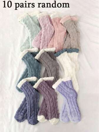 10 Pairs Women's Assorted Solid Color Soft Fuzzy Socks, Warm Fluffy Mid-Calf Socks, Comfortable Casual Socks, Suitable For Daily Wear And Gifting
