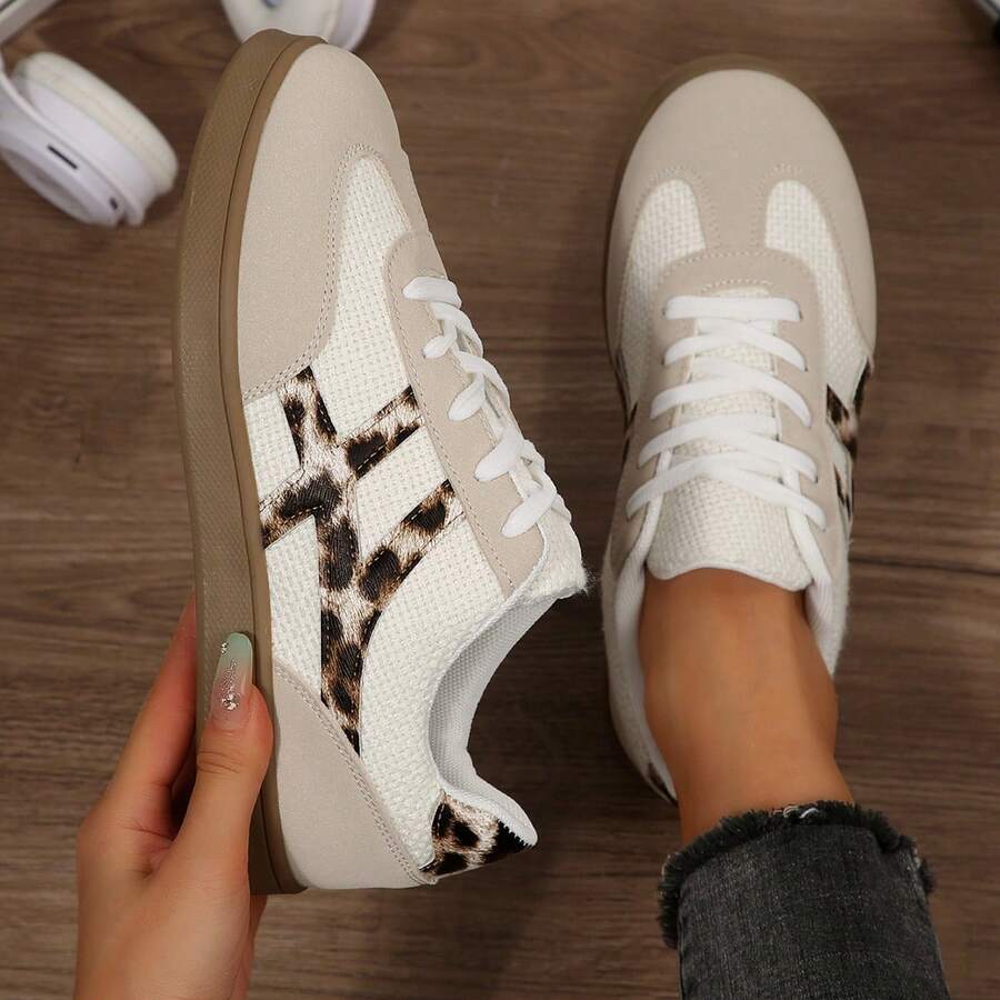 Women's Casual Sneakers - Low-Top Lace-Up Athletic Shoes, Beige & Gray With Leopard Geometric Pattern Decor, Comfortable & Versatile, Minimalist Style (Size 35-43, Run Small By 0.5 Size)