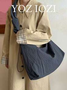 Túi tote vải kẻ caro phong cách Hàn Quốc cổ điển, túi tote có dây rút dung tích lớn, thiết kế thích hợp cho việc đi làm, đi chơi, mua sắm hàng ngày, túi tote đeo vai và dưới cánh tay, túi đeo chéo - Màu xanh hải quân - Xem 1