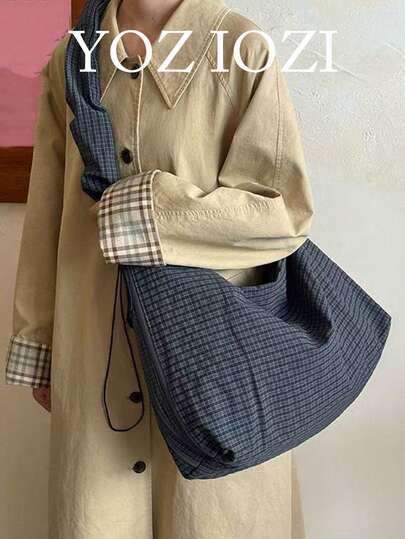 复古韩版格子帆布手提袋，大容量抽绳手提袋，适合通勤、外出、日常购物，可单肩背、腋下挎、斜挎。