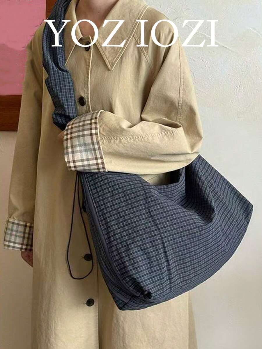 Túi tote vải kẻ caro phong cách Hàn Quốc cổ điển, túi tote có dây rút dung tích lớn, thiết kế thích hợp cho việc đi làm, đi chơi, mua sắm hàng ngày, túi tote đeo vai và dưới cánh tay, túi đeo chéo - Màu xanh hải quân - Xem 1
