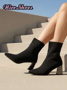 2025新款女士粗跟尖头靴，弹力修身靴，袜靴，高跟踝靴，绑带，黑色保暖靴，高跟中筒粗跟靴，舒适时尚尖头高跟鞋，休闲优雅靴，黑色靴，红色靴，棕色靴，咖啡色靴，卡其色靴，棕色靴 - 黑色 - 查看 4