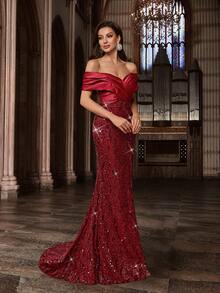 Vestido de noche glamoroso con lentejuelas QOQ, elegante vestido formal para damas adecuado para fiesta de cóctel, baile benéfico, banquete, celebración, cumpleaños, vestido largo con espalda descubierta y abertura alta en unicolor - Burdeos - Ver 6