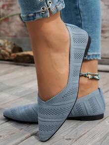 Women's Mesh Black, White, Pink Flat Shoes, Mary Jane Ballet Shoes, Lightweight & Comfortable, Versatile, Hollow-Out, Pointed Toe Slip-On Knit Casual Shoes, Plus Size - T30 Light Blue - View 4