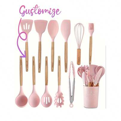 Set di 12 utensili da cucina con supporto, strumenti da cucina in silicone inclusi spatola, pinze, cucchiaio forato, paletta, frusta, pennello, utensili da cucina con manico in legno per pentole antiaderenti, set di utensili da cucina in silicone resistenti al calore fino a 230°C