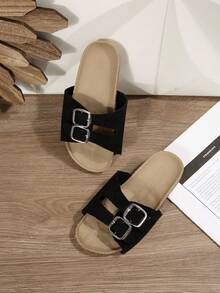 A Pair Of Children's Sandals, 2026 Summer New Style, Fashionable And Versatile, Round-Toed Flat, Anti-Slip, Black, White, Brown, Gold, Orange, Double-Breasted,Beach Outerwear Sandals - Black - View 5