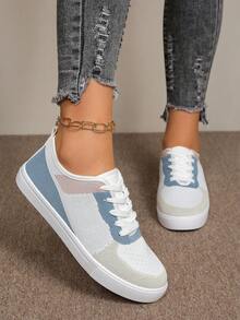 新款女士白色英伦风系带运动鞋，圆头低帮厚底一脚蹬鞋，时尚透气防滑布面学生鞋 - 白色 - 查看 2