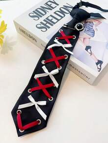 1pc Shiny Polyester Tie For Women, Vintage French Elegant Pearl Lace Tie, Unique Design With Crystal Decor, Suitable For Party, Suit & Bow Tie Matching - Black Background With Red and White Laces - View 1