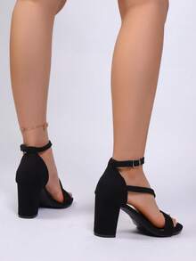 2025 Summer New Arrival Women's Sandals, Strap Buckle French Open Toe Chunky Heel Mid-Heel Casual Versatile Black High Heels - Black - View 3