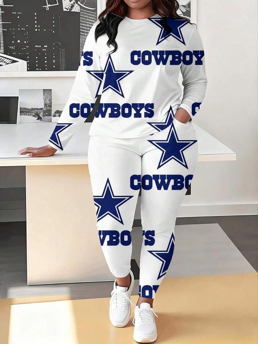 Dal-Las Cowboys Plus-Size Women's Long-Sleeved Leggings Set For Rugby League, Plus-Size Women's T-Shirts And Leggings Sportswear, Christmas, Halloween, And Birthday/Valentine's Day Gifts. - 風格 - 查看 1