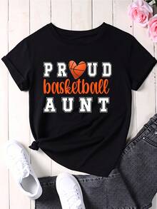 Proud Basketball Aunt T Shirt Women Casual Cotton Top Sport Fan Gift For Auntie With Heart Design - màu đen - Xem 2