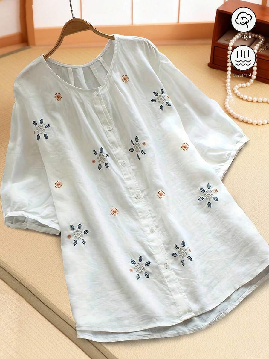女式輕便圓領花卉繡花鈕扣襯衫，夏季 - 白色 - 查看 1