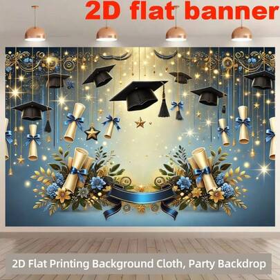2D Flat Banner Graduation Celebration Balloon Happy Time Polyester Fabric Background Cloth, Suitable For Decoration In Living Rooms, Bedrooms, Offices Or Parties, A Vibrant Wall-Hanging Polyester Fabric