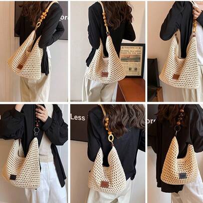 2025 年の女性のための新しい海辺のビーチ織バッグ新しい中空ニットハンドバッグ大容量シングルショルダー脇の下バッグ