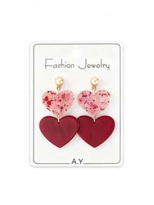 1 Pair Fashionable Acrylic Red Heart Shaped Dangle Earrings, Valentine's Day Gift Accessory (Random Card) - Multicolor - View 2