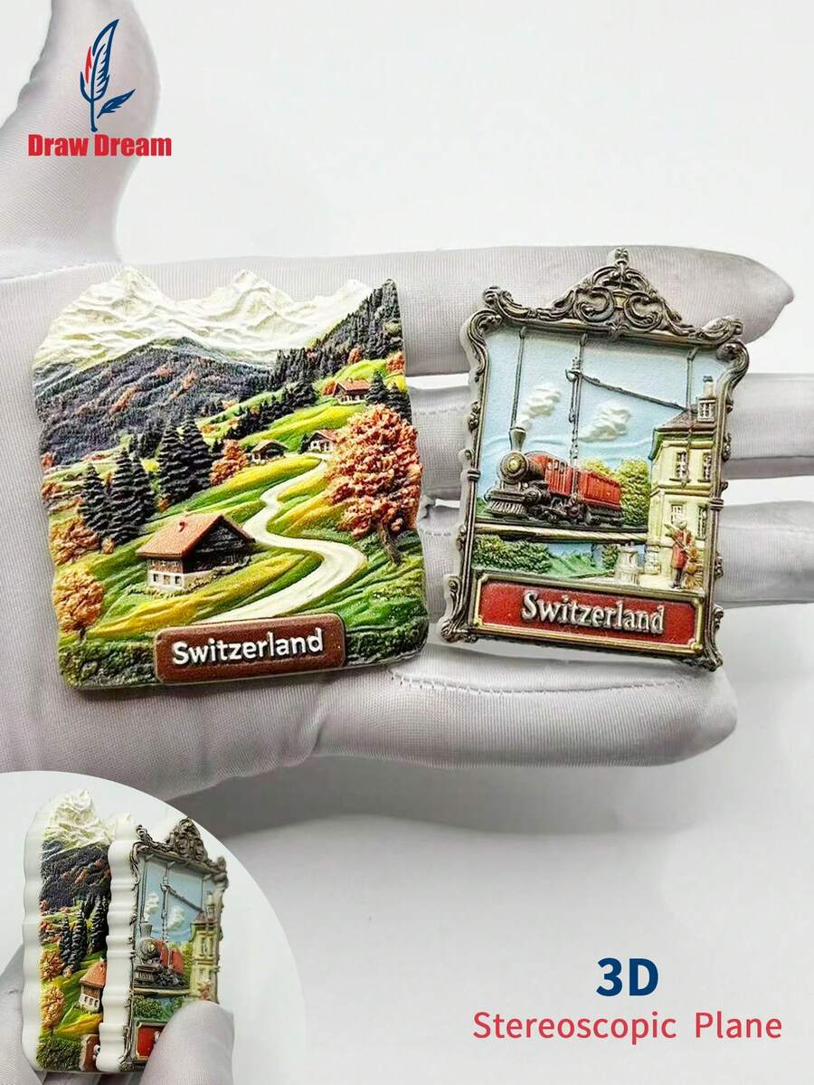 1pc 3D Stereo Switzerland Landscape Fridge Magnet, Mountain, Bridge, Train, World Travel Souvenir Collection, Personalized Travel Memento Magnetic Refrigerator Sticker, Home Decor, Kitchen, Room, Office, Cabinet Craft Gift, Holiday Souvenir, Elegant Small Gift - Multicolor - View 1