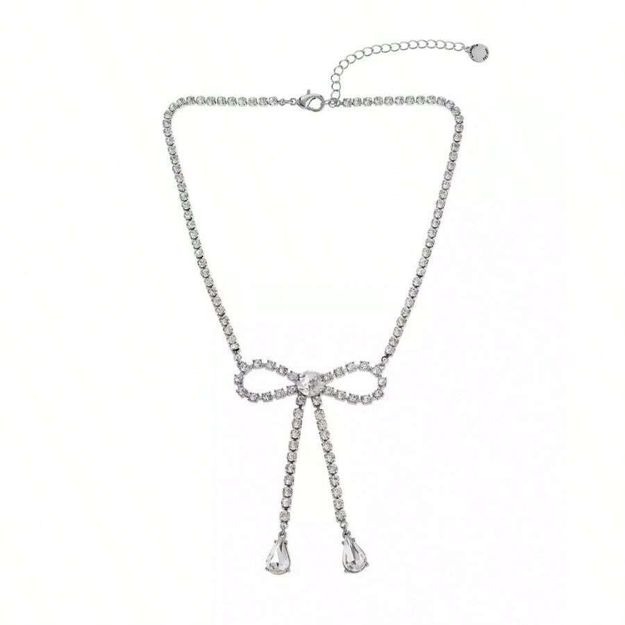 Steve Madden Faux Stone Rhinestone Bow Statement Necklace | | Women Pendant Necklaces - Pha lê/Rhodium - Xem 1