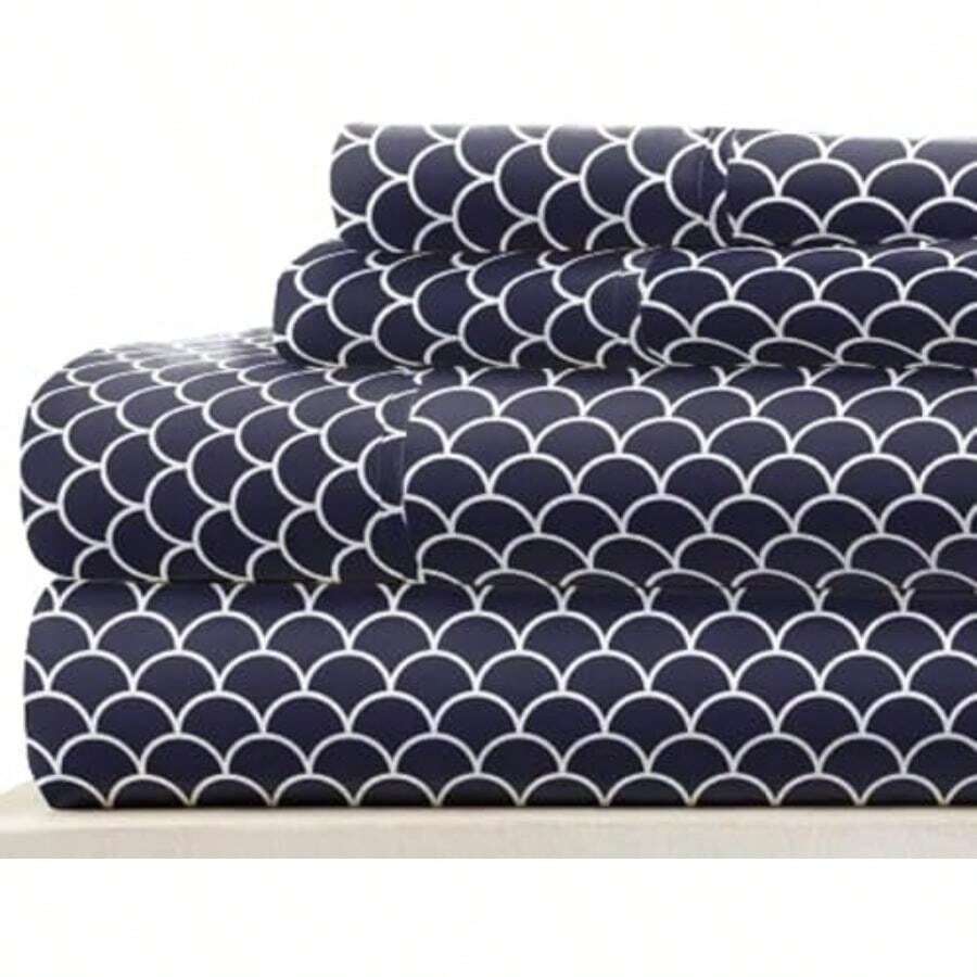 Linen Market - Juego de sábanas de 4 Piezas, Estampado, tamaño , Sage(Doble vieiras azul marino) - Multicolor - Ver 1