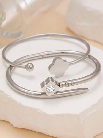 Nuevo conjunto de joyería de pulsera y brazalete con flor y trébol de cuatro hojas de circonita, versátil para uso diario de mujeres