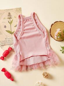 PETSIN 1pc Knitted Mesh Patchwork Pet Dog Princess Dress, Elegant Pink Cherry Print Camisole Dress For Small Dogs