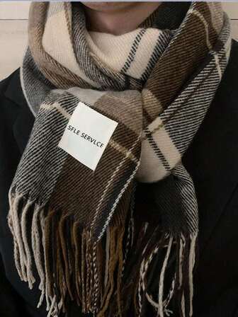 1pc Retro Elegant & Comfortable Faux Cashmere Plaid Scarf, Unisex - Warm For Autumn & Winter; Decorated With Tassels, An Ideal Gift For Husband, Wife, Father, Mother And Children.