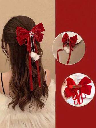 1pc Elegant Tassel Bow Hair Clip, Hair Accessory For New Year, Christmas Hairstyle Design, Cute Tassel Star Hair Clip For Girls, Suitable As Birthday, Christmas, New Year Gift
