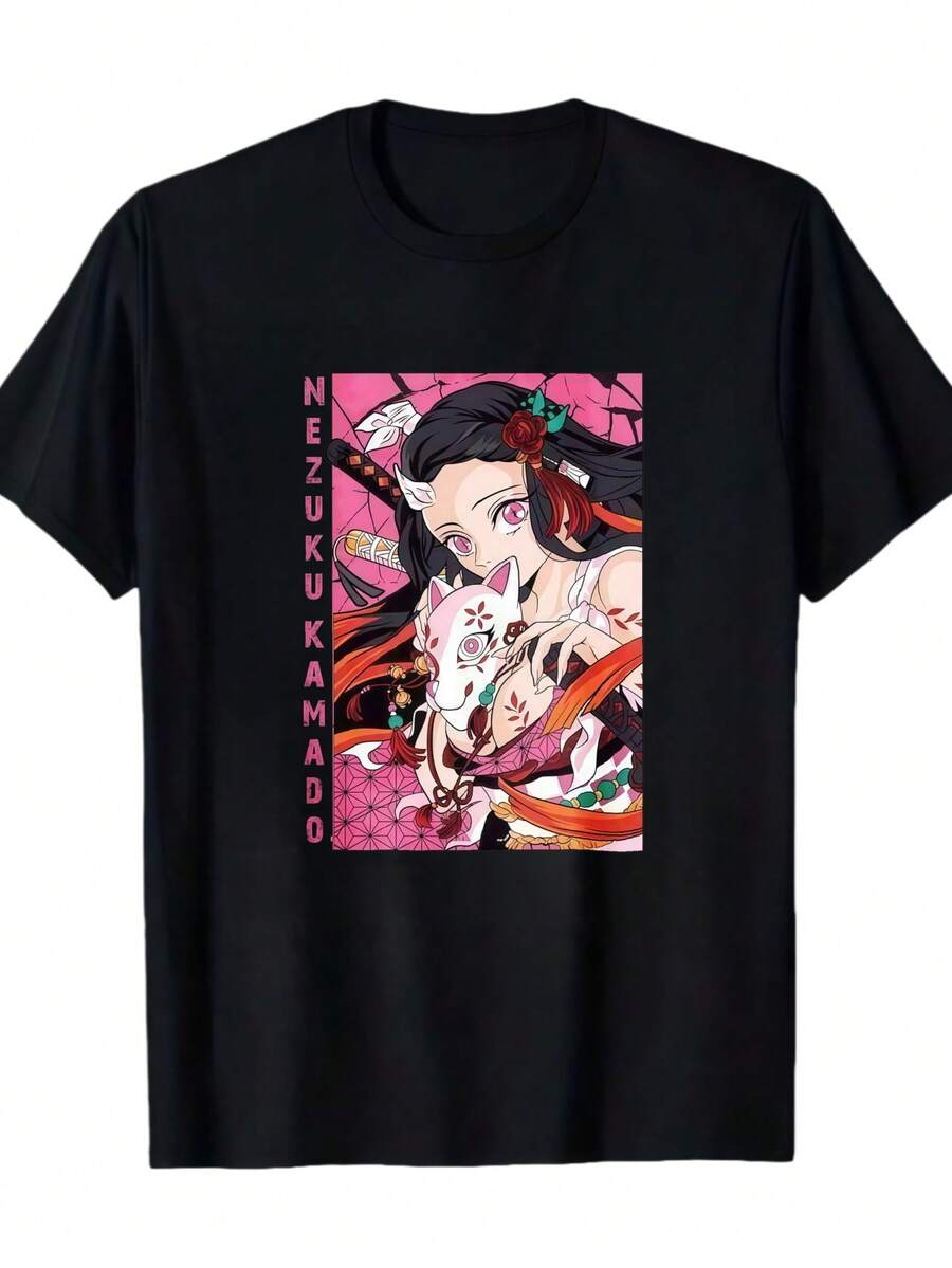 A Casual Printed Round Neck Pullover Short Sleeved T-Shirt Nezuko Kid Slayers Anime Manga Demon Ladies' Crewneck T-Shirt T-Shirts Bring Joy And Happiness To Every Child - 黑色3 - 查看 1