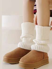 1 Pair Women's Solid Color Striped Thick Warm Decorative Casual Cute Knit Leg Warmers, Suitable For Spring, Autumn And Winter - Beige - View 5