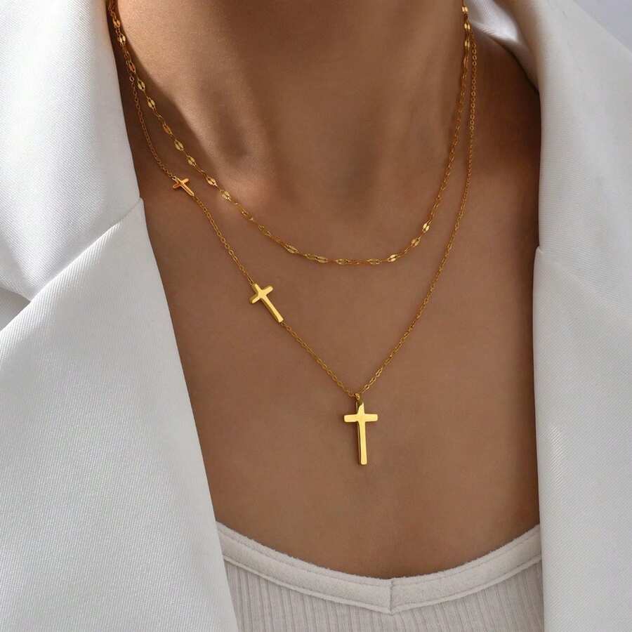 Minimalist Two-Layer Necklace With A Cross Pendant In European And American Style, Titanium Steel, 18K Stainless Steel Resistant To Discoloration, Women's Collarbone Necklace In The Ins Style. - 金色 - 查看 1
