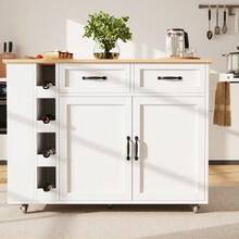 Kitchen Island, Kitchen Cart With Power Strip, Kitchen Cabinet, Removable Cart With Wine Rack, Sideboard, Dining Room Cart With Wood Finish, Storage Cabinet, White - White - View 12
