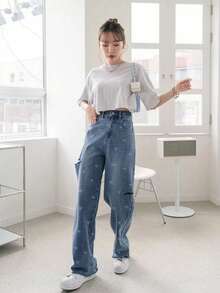 新款蝴蝶印花高腰喇叭牛仔裤，修身 - 藍色 - 查看 2