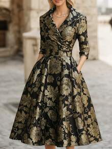 女士优雅金色花卉提花翻领A字中长连衣裙，秋冬款